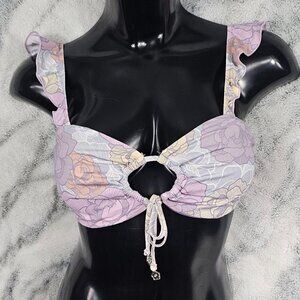 Dippin Daisys XL Purple Bikini Top Luna Superbloom Floral Print Flutter Sleeve